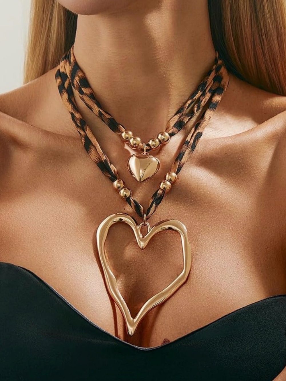 Gold Heart Layered Necklace with Leopard Satin feel Scarf